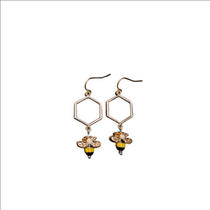 Gold Bee Dangle Earrings Honeycomb Hexagon Earrings • 14K Gold Filled Ear Hook